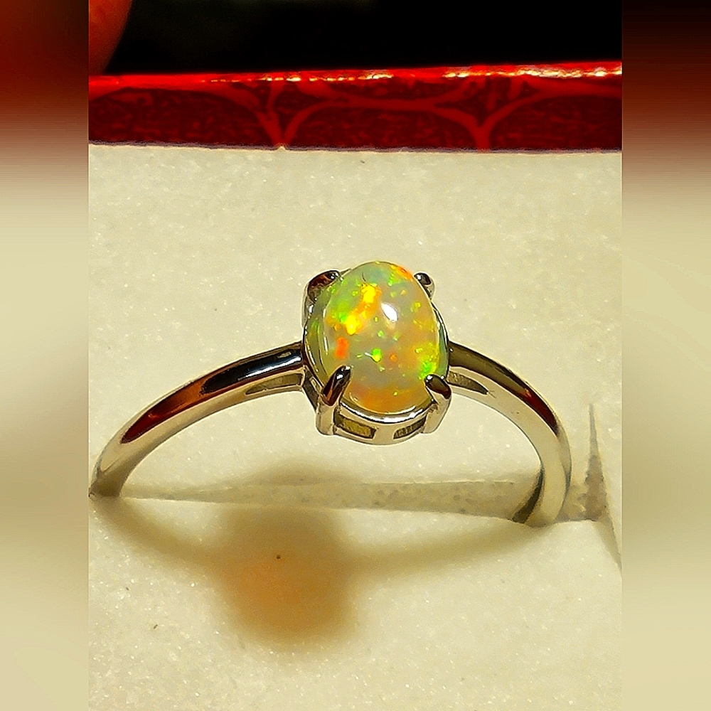 .925 Silver Natural Opal Ring 8x6mm - Picture 1 of 9
